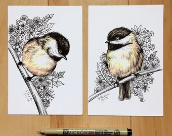 Original Pen and Ink Illustration - Chickadees No. 2 & 3