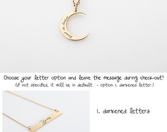 Dianty Gold Cerescent Moon Necklace, Silver Engraved Initial Moon Charm Necklace, Rose Gold Name Moon Pendant Necklace, Disk, Gift for woman