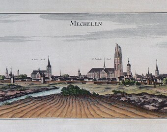 City - Mechelen / Belgium - Cm. 88 x 37 Inches 34.6 x 14.6 - Printed on high quality paper and water-coloured by hand. Since 1940s