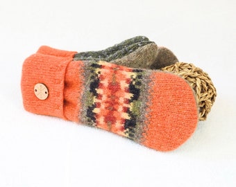 Felted Wool Mittens PUMPKIN SPICE Orange Mittens Fair Isle Felted Sweater Wool Mittens Fleece Lined Mitts Wool Gloves for Her by WormeWoole