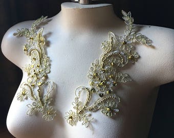 BRIGHT Gold Appliques Beaded Lace Pair Champagne for Lyrical Dance, Ballroom Dance, Costumes, Bridal, Bridesmaids Sashes PR 114BG
