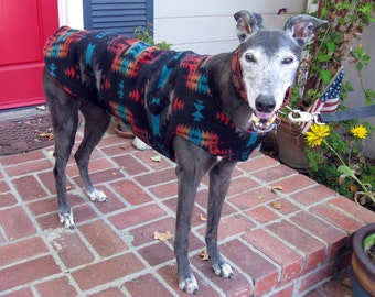 Greyhound Dog Coat, XL Dog Coat, Southwest Print, Turquoise, Red, Orange, Brown, & Black Fleece with Red Fleece Lining