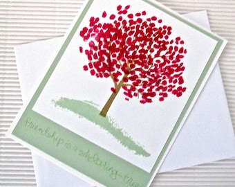 Friendship is a sheltering tree card handmade stamped friendship green pink stationery greeting home living