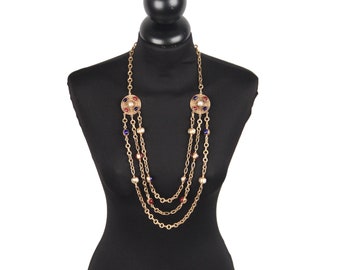 Authentic Chanel Vintage 1984 Gold Metal 3 Row Mint Necklace with Cabochons