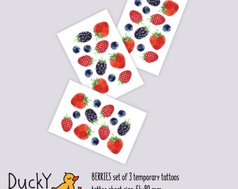 Set of 3 temporary tattoos Berries. Juicy tattoos with fresh blackberries, strawberries, blueberries and raspberries. Berry party favors.