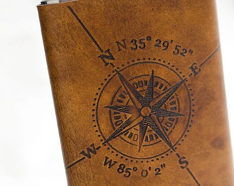 8oz Compass Rose Flask with Latitude and Longitude and a custom Date