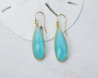 Aqua Blue Chalcedony Earrings, Aqua Blue Chalcedony Teardrop Earrings, Blue Chalcedony Earrings