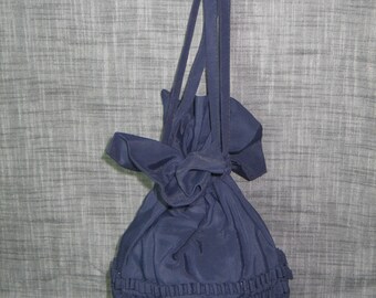 ANTIQUE Victorian Edwardian Drawstring Purse or Lingerie Bag- Dark Navy Blue -Satin Lining