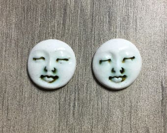 Pair of Two Medium Round Ceramic Face Stone Cabochons in Pewter and Shiny Bone White