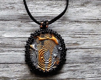 Necklace & Earrings Set - Bead Weaving - Handmade Polymer Clay Pendants - Suede Cord - Beaded Bale - BOHO