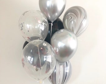 Silver Chrome Black Marble Silver Confetti Balloons Black and Marble Balloons Agate Balloons Black and Silver Bachelorette Silver Confetti
