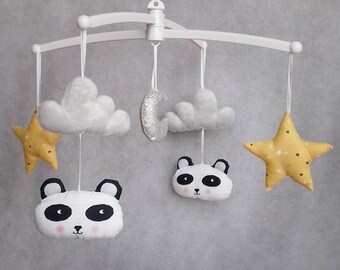 Grey mustard panda baby mobile
