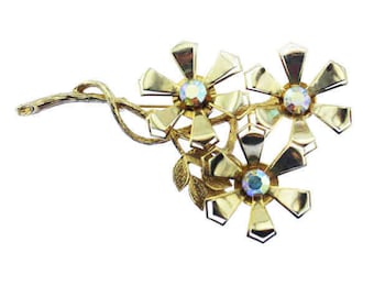 Vintage Rhinestone Flower Brooch, Large Gold Flower Brooch, Large Gold Flower Pin, Aurora Borealis Rhinestone Brooch