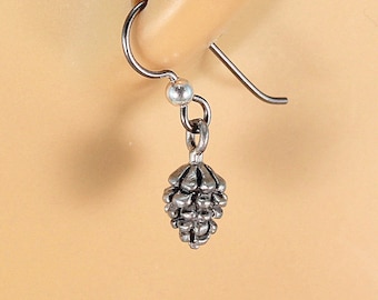Pewter pine cone earrings, silver pinecone earrings, nature earrings, gift for her.