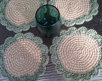 Sage Green Beige Oversized Coaster Set of 4 Handmade Crochet Doily