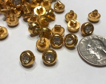 12 gold metal with rhinestone vintage shank buttons, 9 mm (B12)