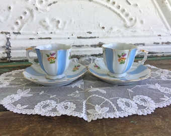 Vintage Pair Of Blue White Stripe Floral Demitasse Small teacup and Saucer