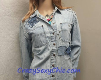 Upcycled Denim Shirt Women's size Petite Medium Patched Studded