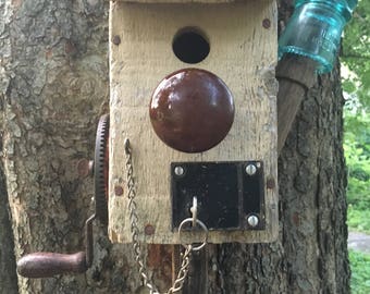 Bain's Bird Bungalows. Handmade one of a kind Birdhouse from found items. antiques, and junk.