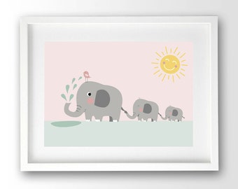 Elephant Family Print, Pastel Print Kids, Playroom Printable, kids nursery decor