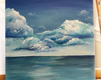 World Between Us....Original 12" x 12" Acrylic Painting on canvas, Clouds over the Ocean
