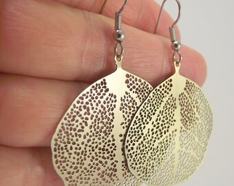 Medium Smooth Round Leaf Skeleton Earrings, Brass Earrings, Woodland Jewelry, Leaf Skeleton Jewelry, Gift under 20