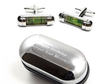 Green Spirit Level Tradesman Cufflinks & Engraved Gift Box (X2PSN076) - Novelty Cufflinks, Quirky Cufflinks, Personalised Cufflinks Box