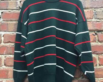 Vintage Mens Jumper Dark Green with Stripes - 100% Pure New Wool