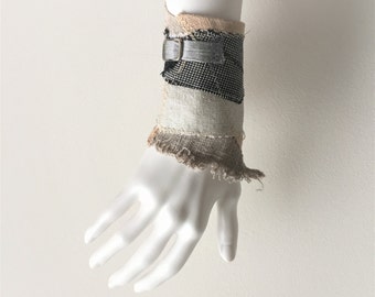 patchwork wrist cuff - neutral textile wrist cuff - shabby tattered linen wrist cuff - feminine bracelet - tattered cuff - gift for her