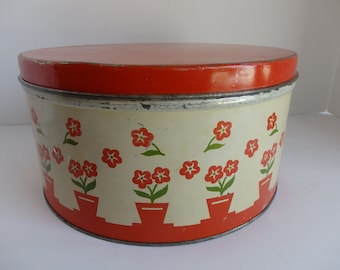 Large round Vintage Tin. Farmhouse Kitchen Decor. Red and White Farmhouse Kitchen Tin.