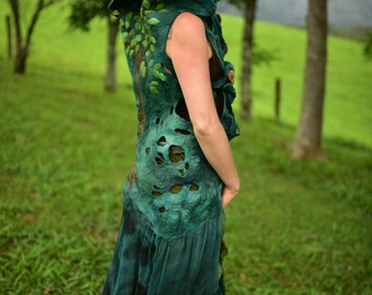 Felt Melted Queen Of the Pixies Woodland Tree Of Life Vest-Woodland Gown with Holes And High Collar-Pixie Princess Gown- OOAK