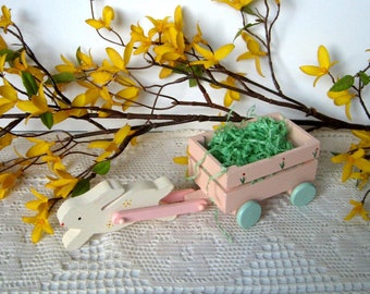 Vintage Wooden Easter Rabbit with Wagon Pull Toy - 1960's - White rabbit, Pink wagon, Hand Painted, Wooden, Easter Decoration, Spring