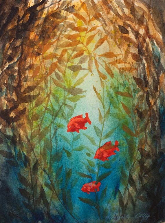 Kelp Forest Watercolor Print Garibaldi fish Underwater