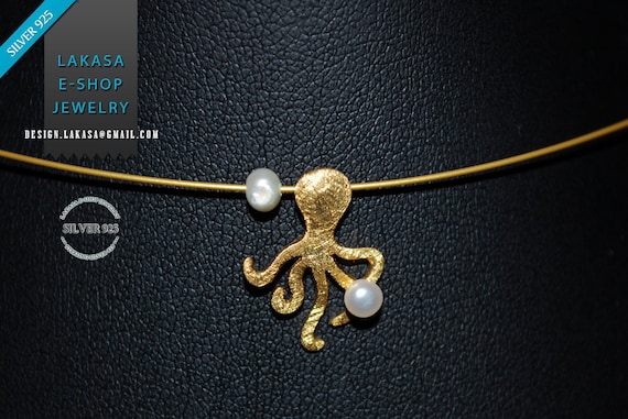 Octopus Necklace Sterling Silver 925 Gold-plated with Freshwater Pearls Handmade Jewelry Summer Collection Greek Art Best Ideas Woman Gift