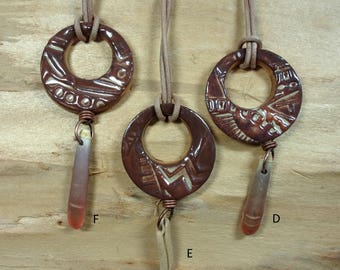 One of a Kind Handmade Reversible Ceramic Spirit Hole Pendant, One Side Brown Glazed, Other Side Raw, Anemone Drop, Natural Leather Cord