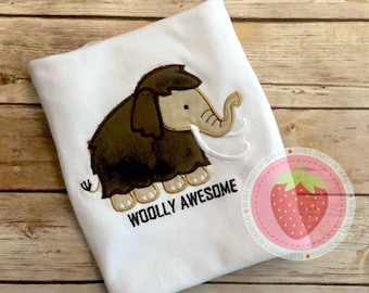 Wooly Awesome, wooly mammoth, embroidered appliqué design shirt