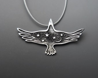 Night Raven Jewelry, Crow, Black Raven Necklace, Raven Pendant, Crow Necklace, Flying Bird Pendant, Spirit Animal Totem, Stars and Moon