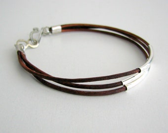 Thin Brown Leather Bracelet with Silver Tubes