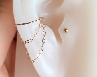 14k gold/rose gold filled-925 sterling silver double chains fake conch piercing ring hoop jewelry with 14k gold/rose gold filled chains