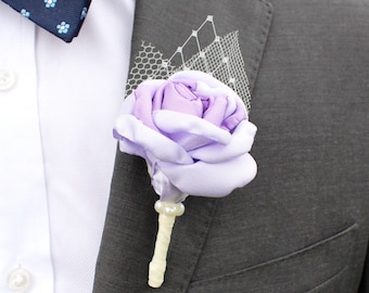 Purple Fabric Boutonniere - Grooms and Groomsmen Wedding Boutonniere, Lavender and Plum