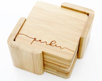 Custom Coasters. Personalized coaster set, Engraved coasters with last name. Custom wedding gift, engagement present. Set of 6, wood decor.
