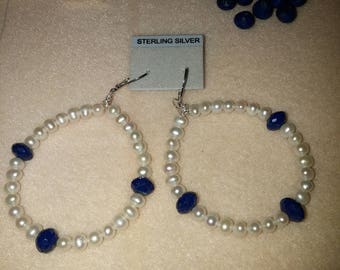 Pearl and Lapis Lazuli hoop earrings