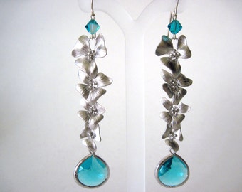 very long teal flower earrings