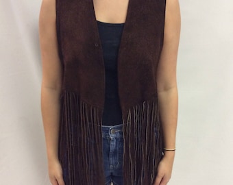Vintage Women's Brown Suede Leather Vest with Fringe