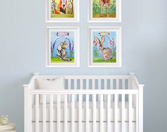 Set of 4 Woodland Wildlife Prints 8" x 10", 11" x 14", fawn, owl, fox, frog, hare, squirrel, raccoon, wolf