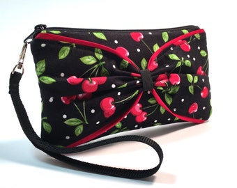 Retro Cherry Wristlet, Pinup Purse, Rockabilly Purse, Rockabilly Clutch, Edgy Handbag, Rocker Chic, Wristlet