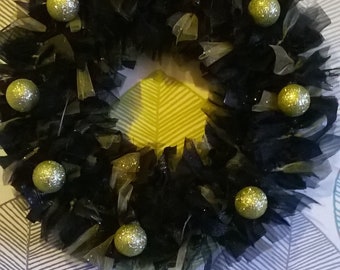 Goth/Punk Wedding. Black and gold fabric wreath decorated with gold glittery baubles