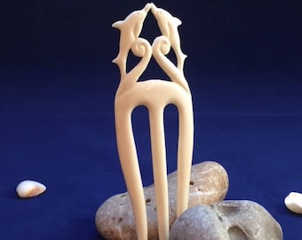 Hand Carved Bone Hair Comb "Dolphins"