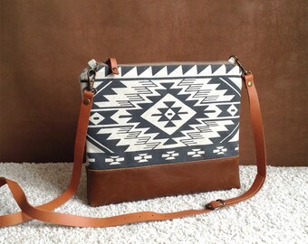 Tribal cross body bag,Bulgarian Print,Aztec bag,Boho,every day bag,leather bottom purse,Navajo,Black and White clutch,Southwest Bag,for her
