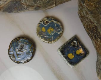 3 handmade artisan ceramic jewelry pendant beads components / DIY Set #701
